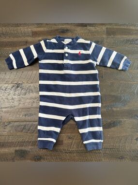 6m Ralph Lauren Navy and White Striped Waffle Knit Henley Cotton Footless Romper
